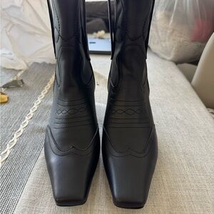 KHAITE Dallas Western Black Leather Ankle Boot Size 39